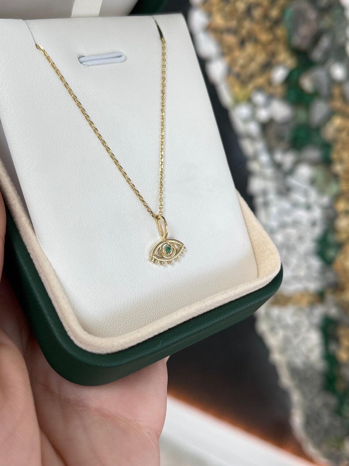 Round Cut Zambian Emerald Bezel Set Evil Eye Real 14K Gold Pendant Necklace In New Condition For Sale In Jupiter, FL