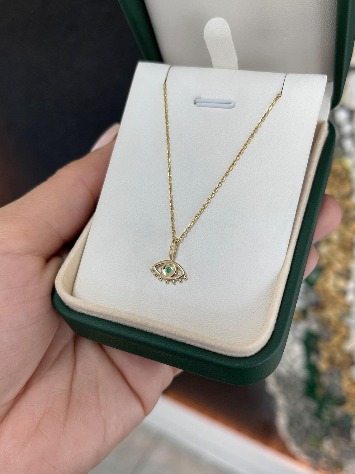 Women's or Men's Round Cut Zambian Emerald Bezel Set Evil Eye Real 14K Gold Pendant Necklace For Sale