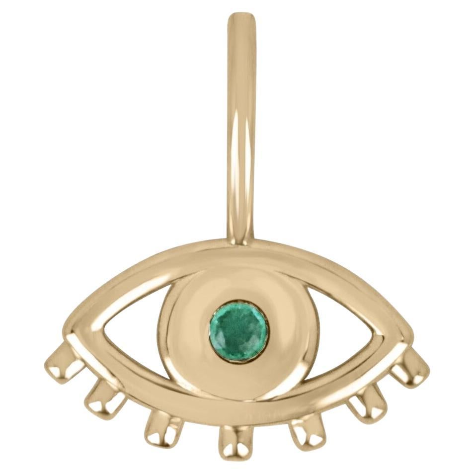 Round Cut Zambian Emerald Bezel Set Evil Eye Real 14K Gold Pendant Necklace For Sale