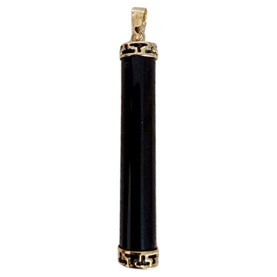 Round Cylindric Pillar Black Onyx Pendant (With Solid 14K Yellow Gold) For Sale