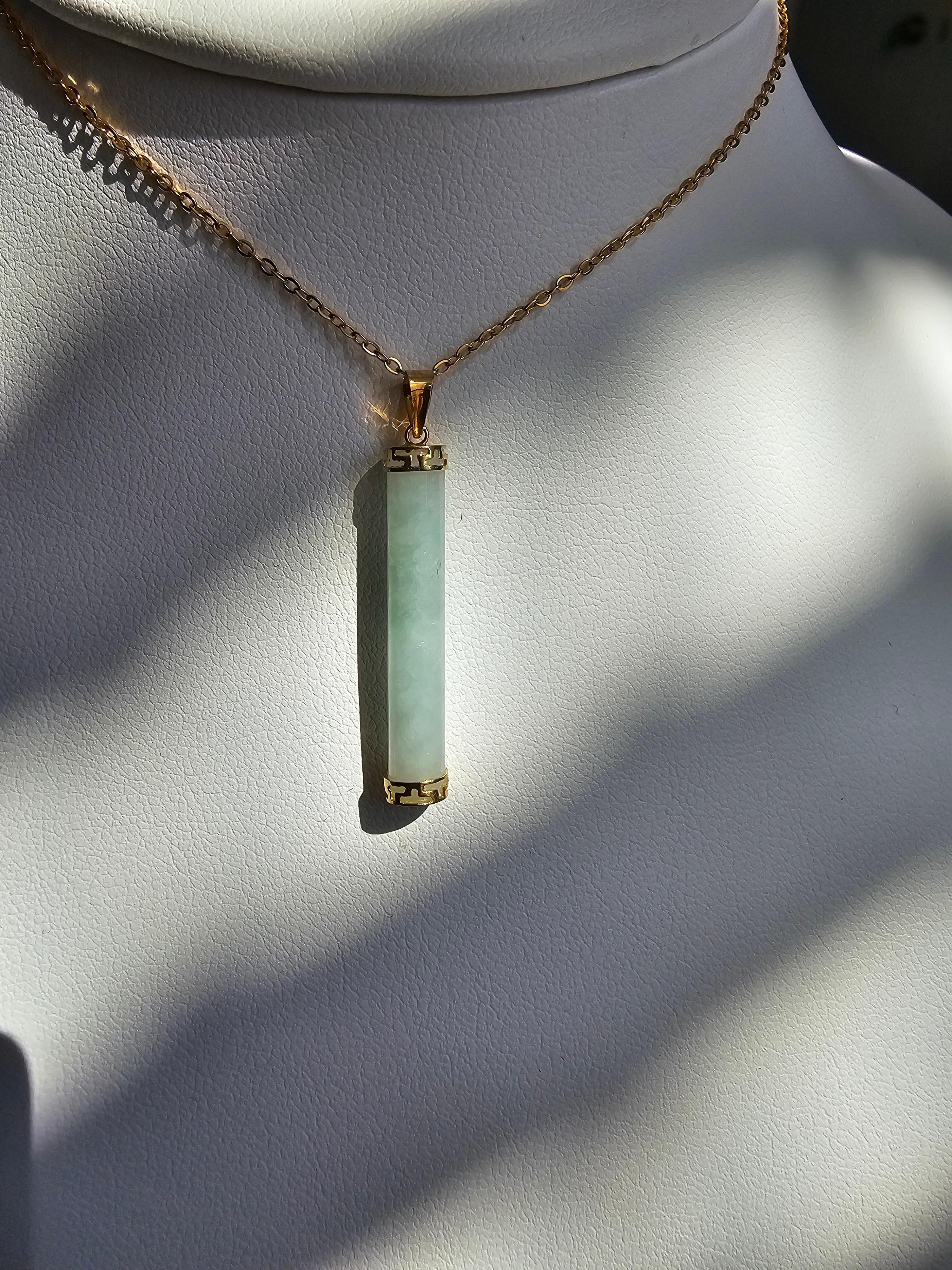 Round Cylindric Pillar Green A-Jade Pendant (With Solid 14K Yellow Gold) For Sale 5