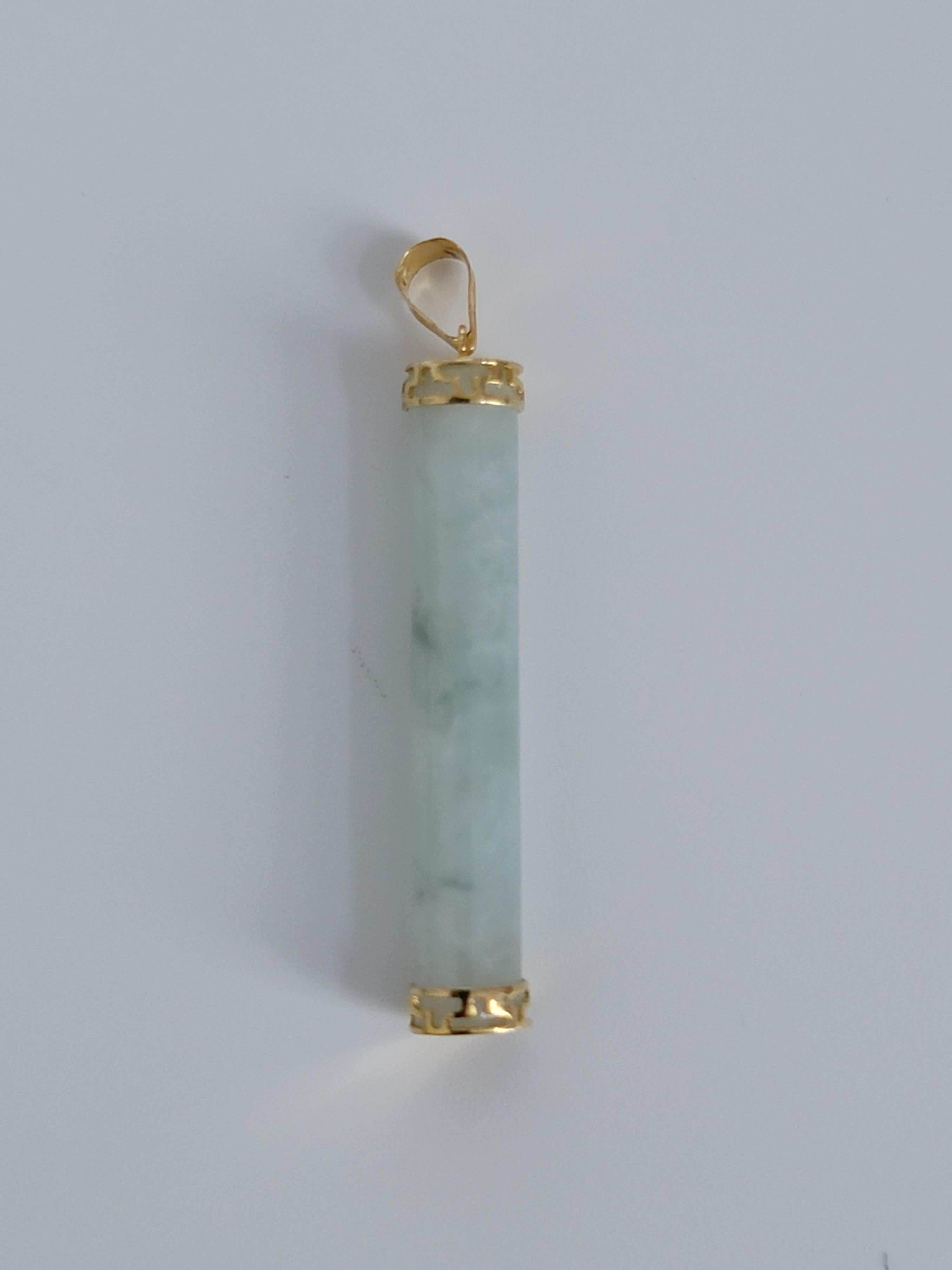 Women's or Men's Round Cylindric Pillar Green A-Jade Pendant (With Solid 14K Yellow Gold) For Sale