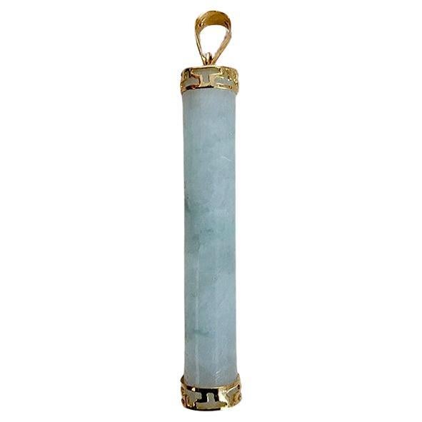 Round Cylindric Pillar Green A-Jade Pendant (With Solid 14K Yellow Gold) For Sale