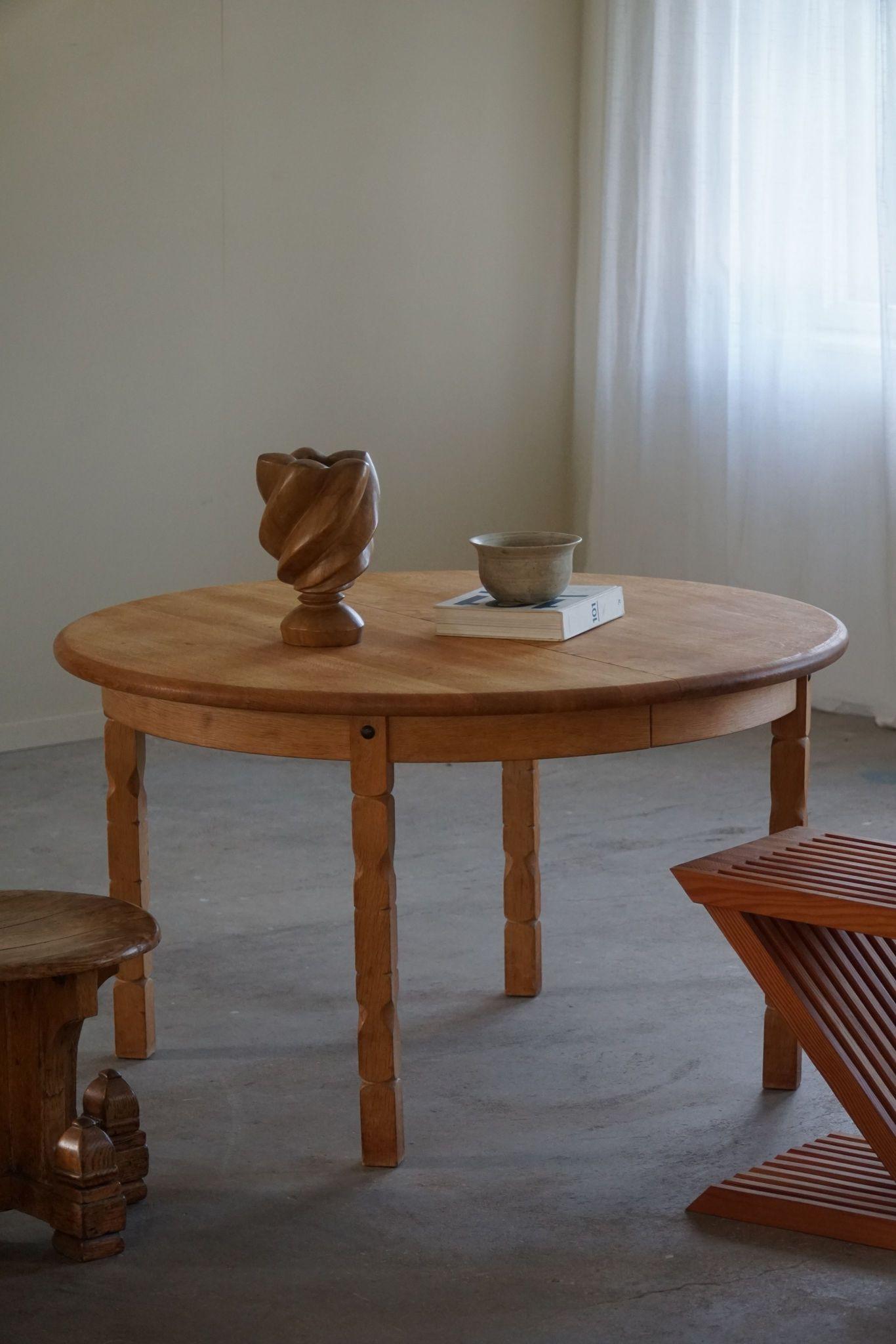 Mid-Century Modern Round Danish Mid Century Dining Table in Solid Oak with Two Extensions, 1960s