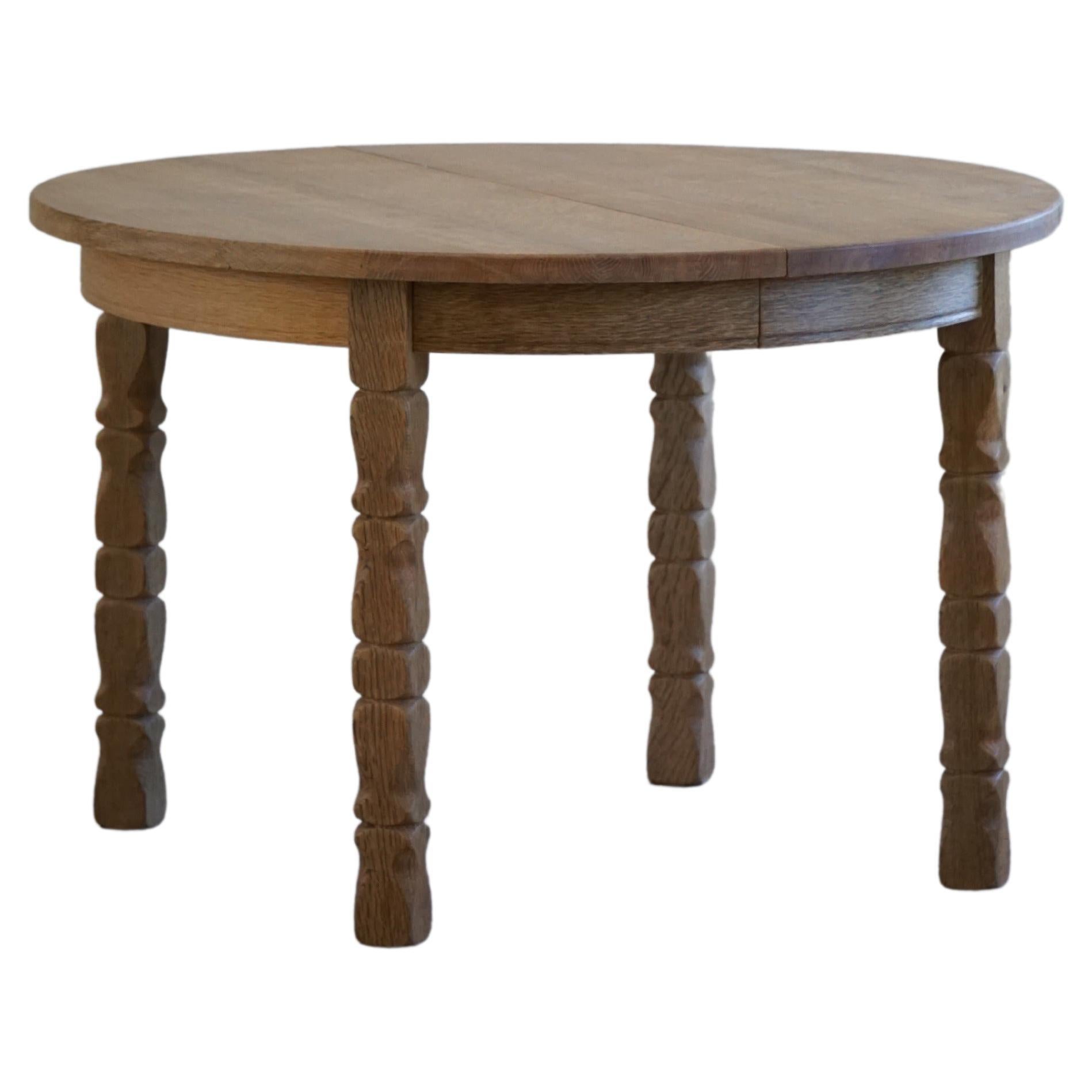 Round Danish Midcentury Dining Table in Solid Oak with Two Extensions