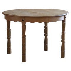 Round Danish Mid Century Dining Table in Solid Oak with Two Extensions, 1960s