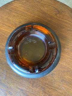 Round Dark Gold Amber 8" Glass Art Deco Ashtray w/ Ebony Holder