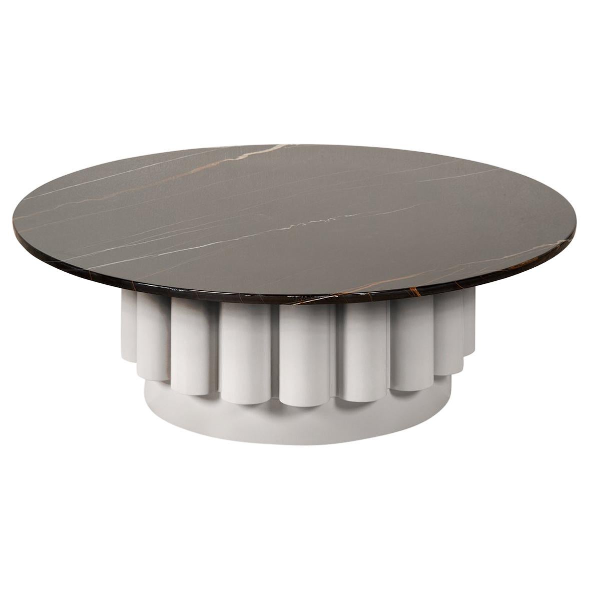 Round Dark River Marble-Top Coffee Table with Fluted Base For Sale