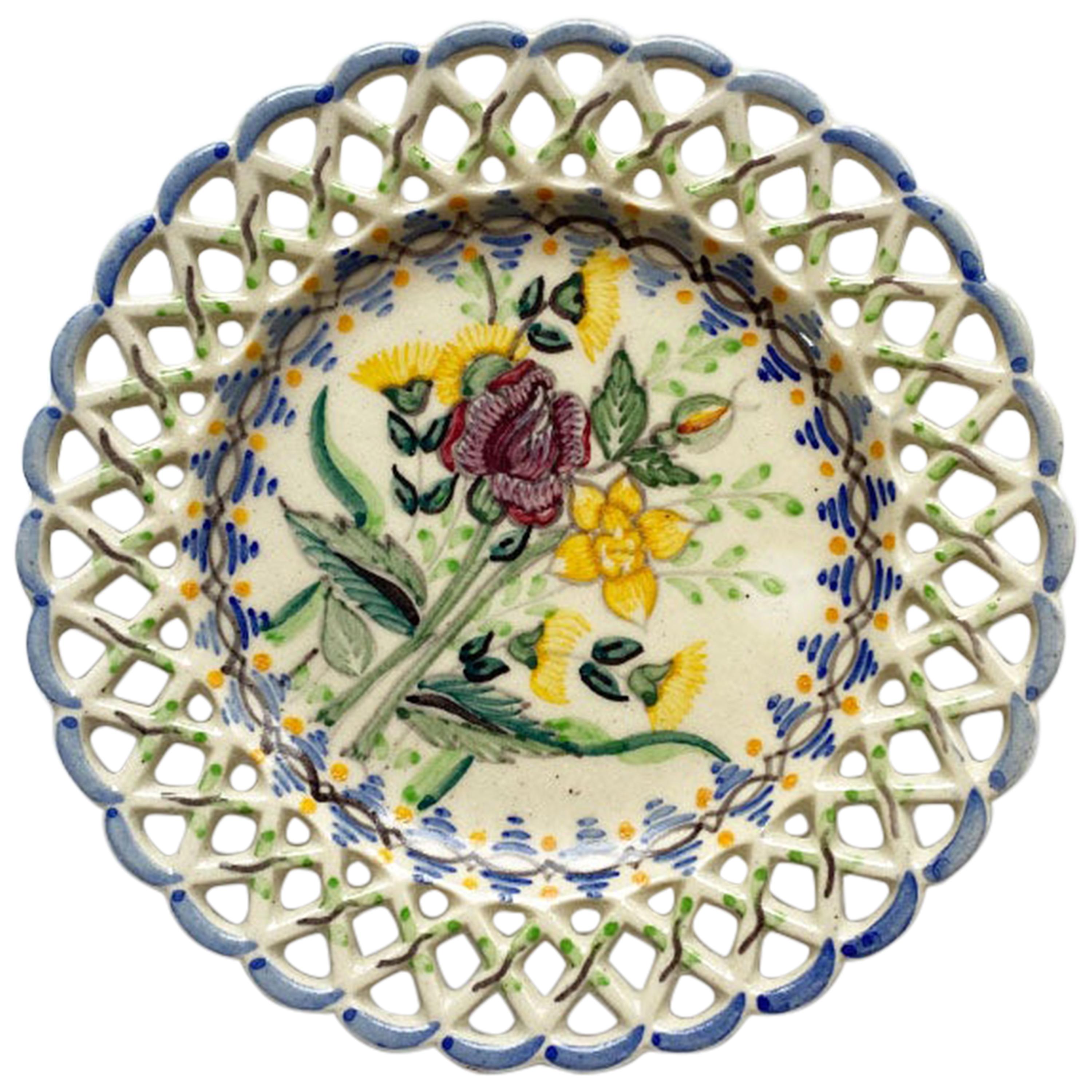 Round Decorative Ceramic Maroon Blue and Yellow Floral Motif Dish, Portugal