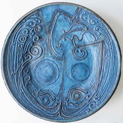Round Decorative Ceramic Plate, Turquoise Blue Design from Denmark, 1960s