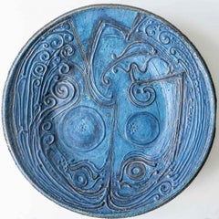 Round Decorative Ceramic Plate, Turquoise Blue Design from Denmark, 1960s