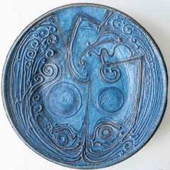 Round Decorative Ceramic Plate, Turquoise Blue Design from Denmark, 1960s