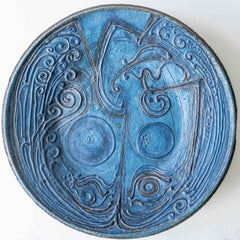 Round Decorative Ceramic Plate, Turquoise Blue Design from Denmark, 1960s