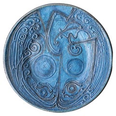Plato decorativo redondo de cerámica, diseño azul turquesa de Dinamarca, años 60