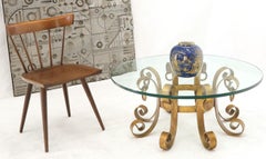 Table basse ronde décorative en fer forgé doré, plateau en verre, soleil éclatant MINT !