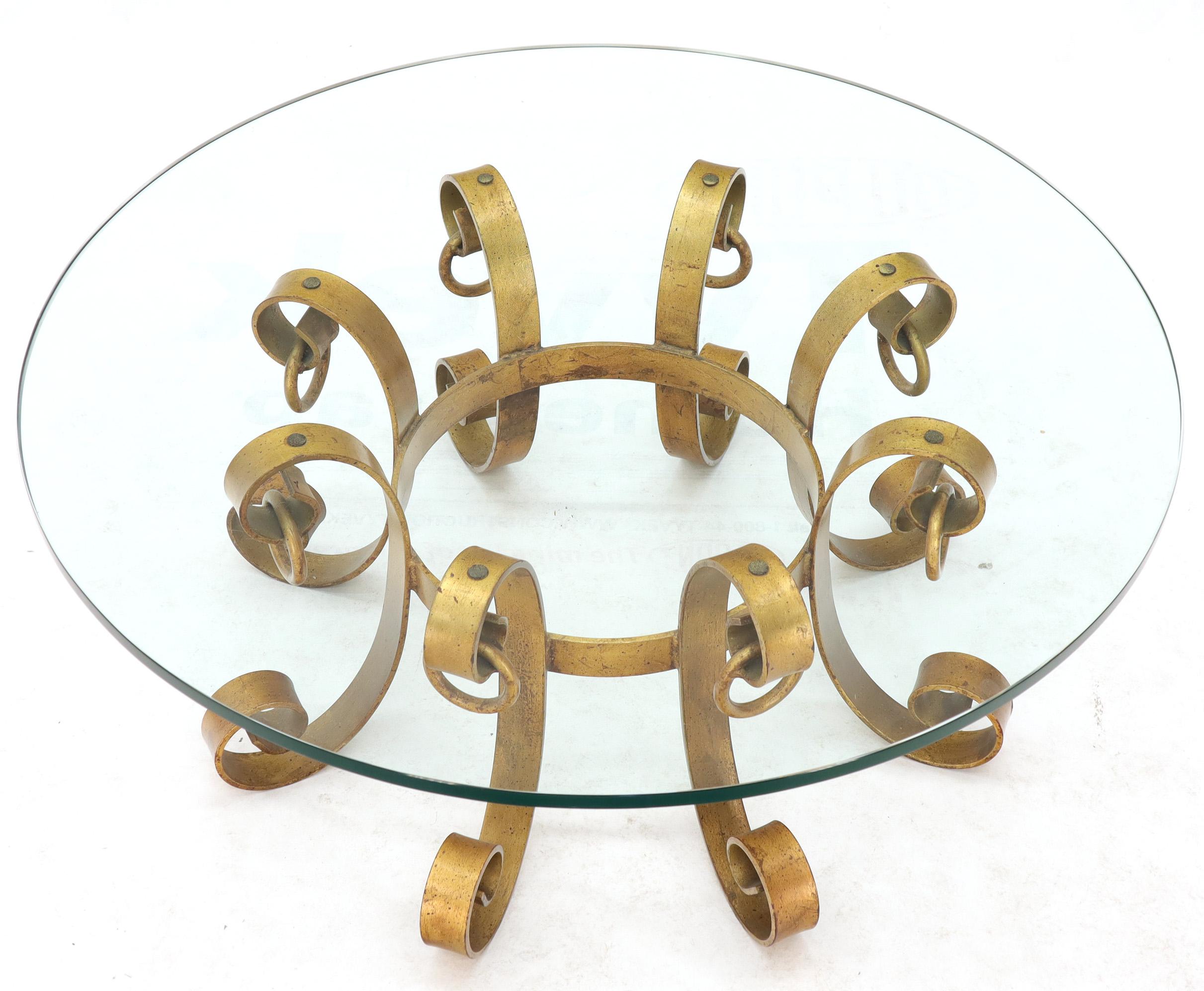 Italian Round Decorative Gilt Wrought Iron Base Glass Top Sunburst Coffee Table MINT! For Sale