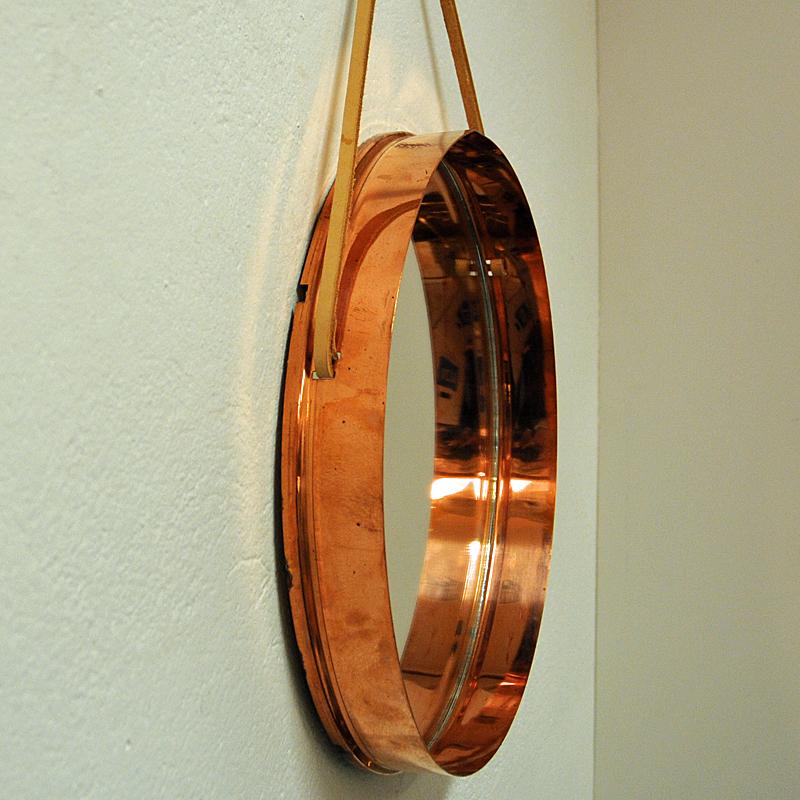 Leather Round Decorative Mirror with Copper Frame, Scandinavian