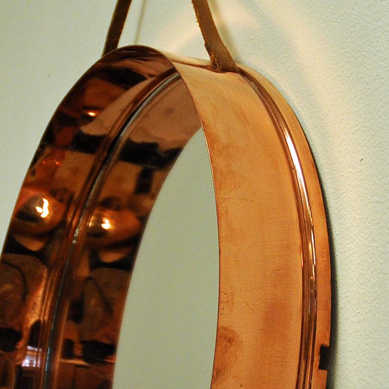 Polished Round Decorative Mirror with Copper Frame, Scandinavian