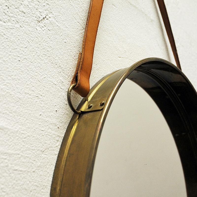 Scandinavian Modern Round decorative vintage brass mirror by Bror Moje Sweden 1960s