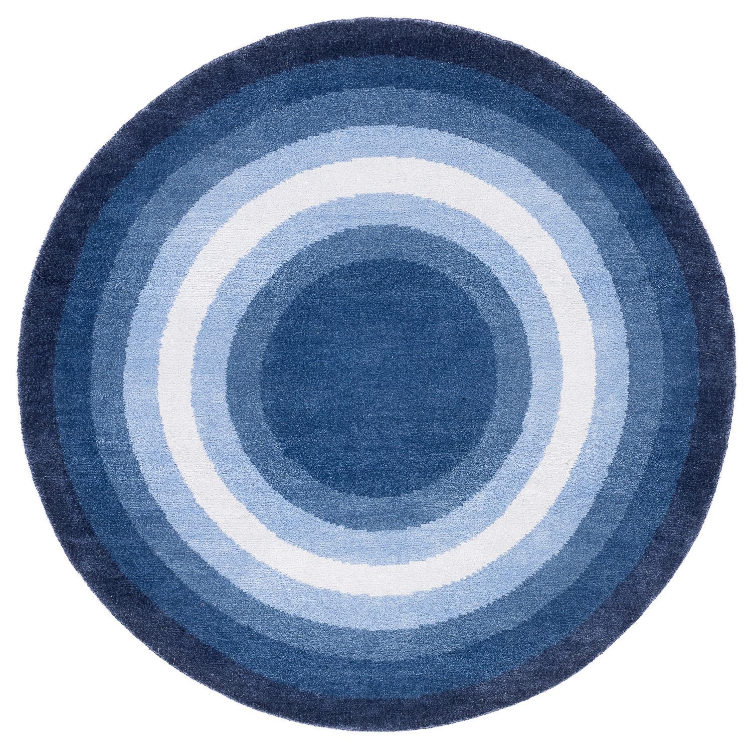Round Denim Blue Pop Silk and Wool Accessory Rug John Bullseye by Joseph Carini For Sale 3
