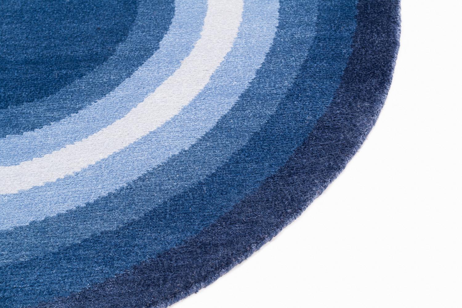Nepalese Round Denim Blue Pop Silk and Wool Accessory Rug John Bullseye by Joseph Carini For Sale