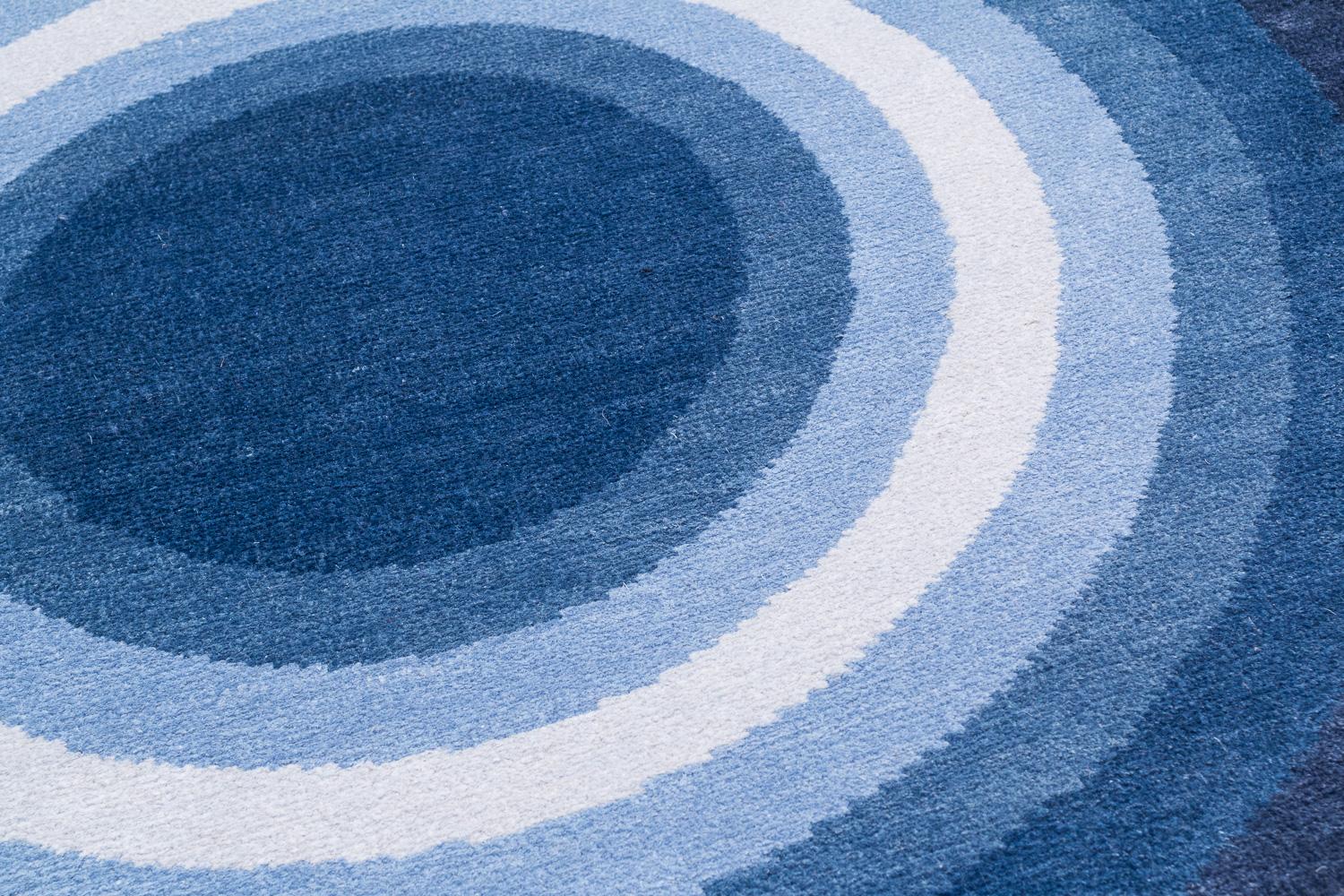 Hand-Knotted Round Denim Blue Pop Silk and Wool Accessory Rug John Bullseye by Joseph Carini For Sale