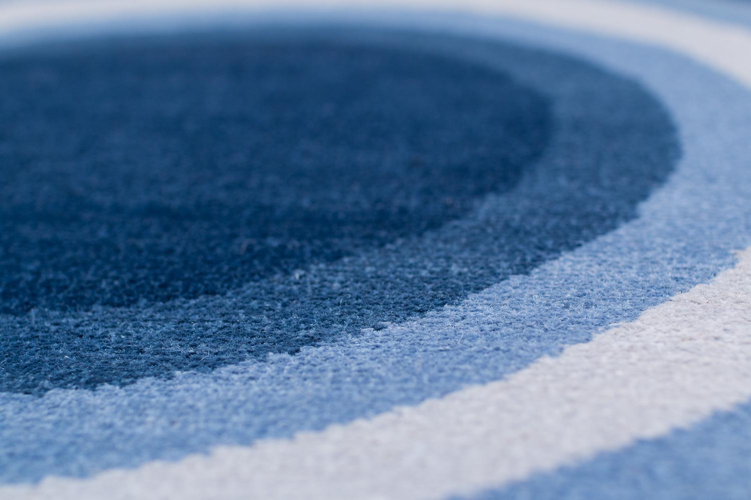 Contemporary Round Denim Blue Pop Silk and Wool Accessory Rug John Bullseye by Joseph Carini For Sale