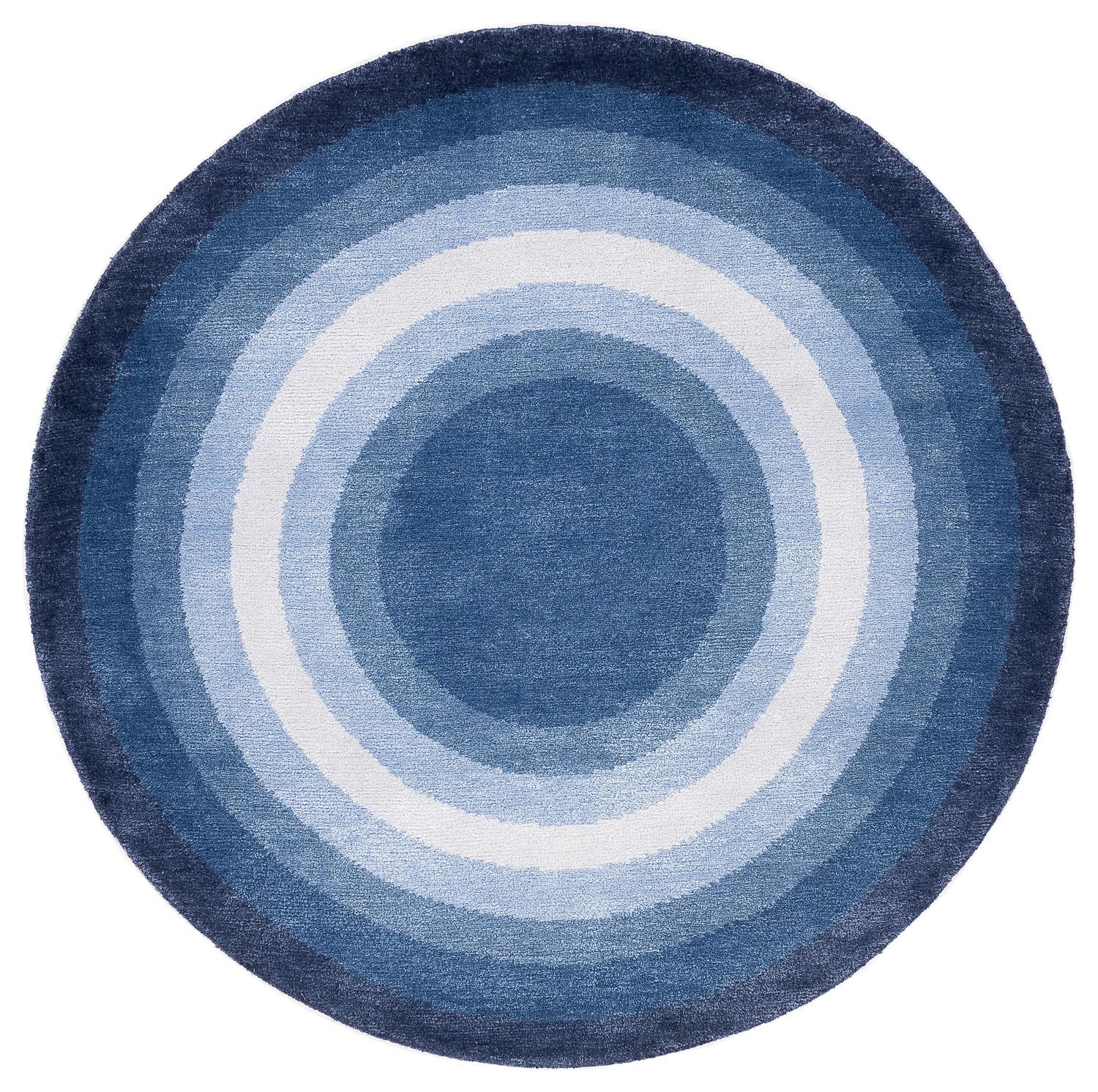 Round Denim Blue Pop Silk and Wool Accessory Rug John Bullseye by Joseph Carini For Sale 2