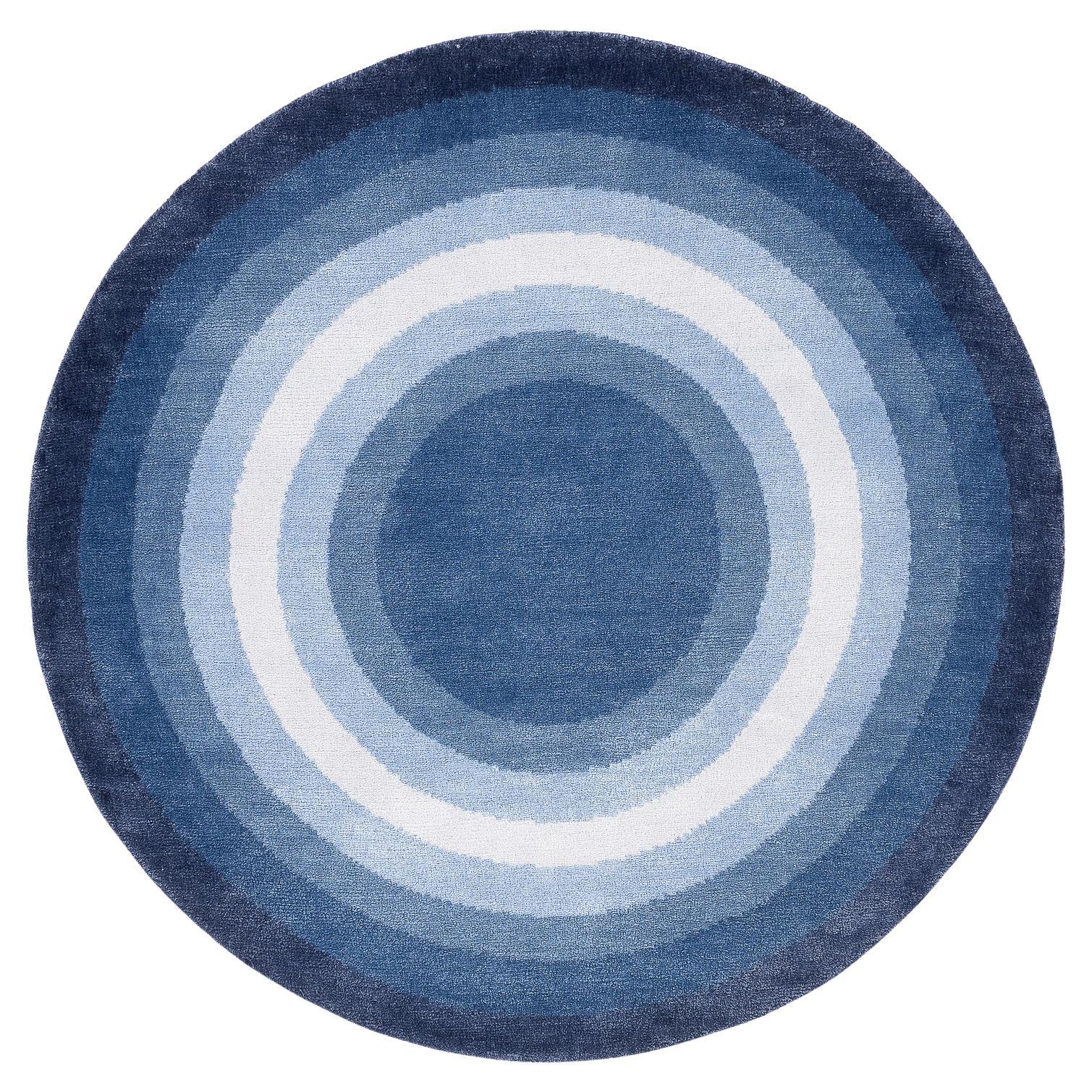 Round Denim Blue Pop Silk and Wool Accessory Rug John Bullseye by Joseph Carini For Sale