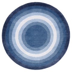 Round Denim Blue Pop Silk and Wool Accessory Rug John Bullseye by Joseph Carini
