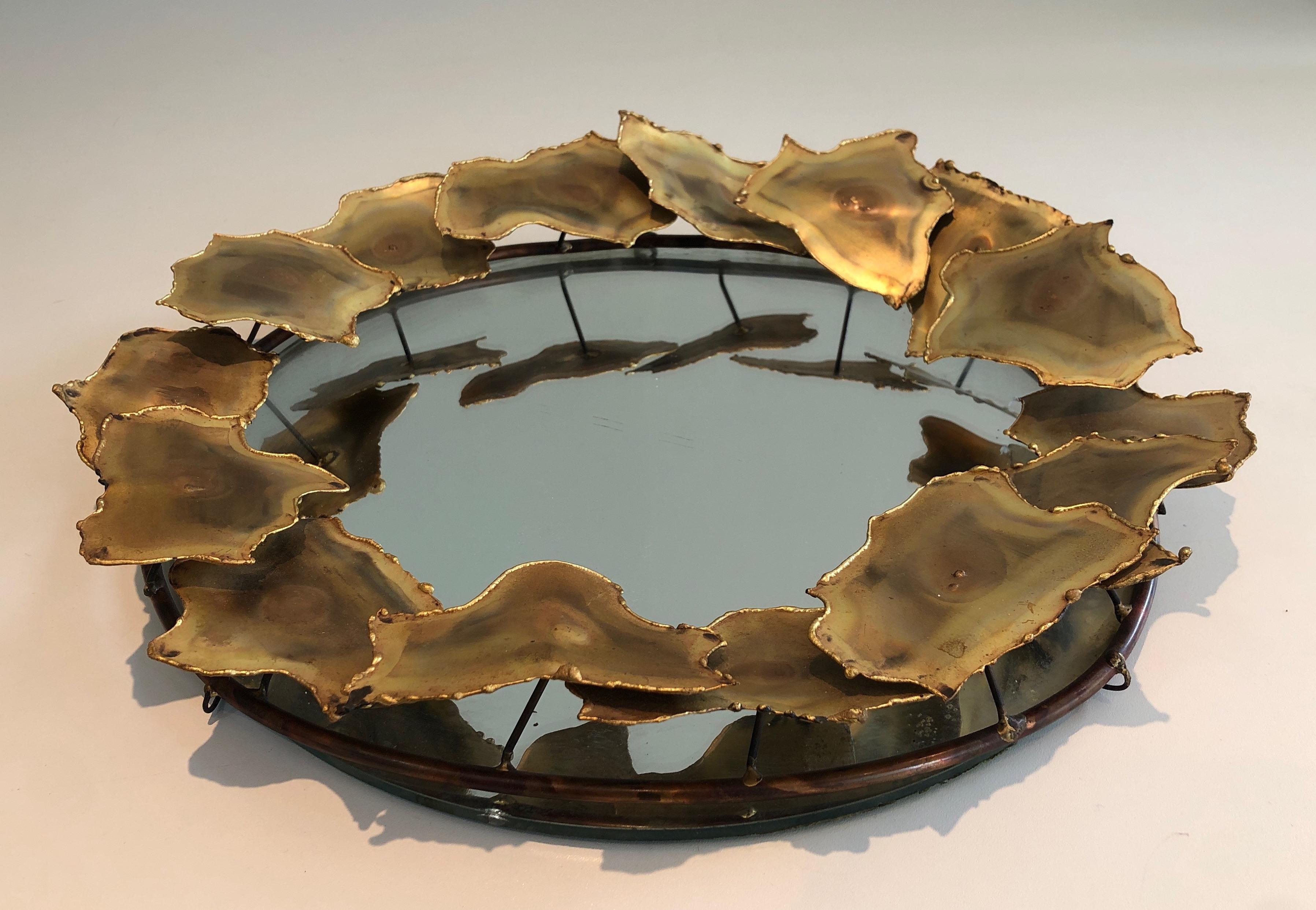 Mid-Century Modern Round Design Mirror Made of Stylish Brass Leaves, French Work, circa 1970