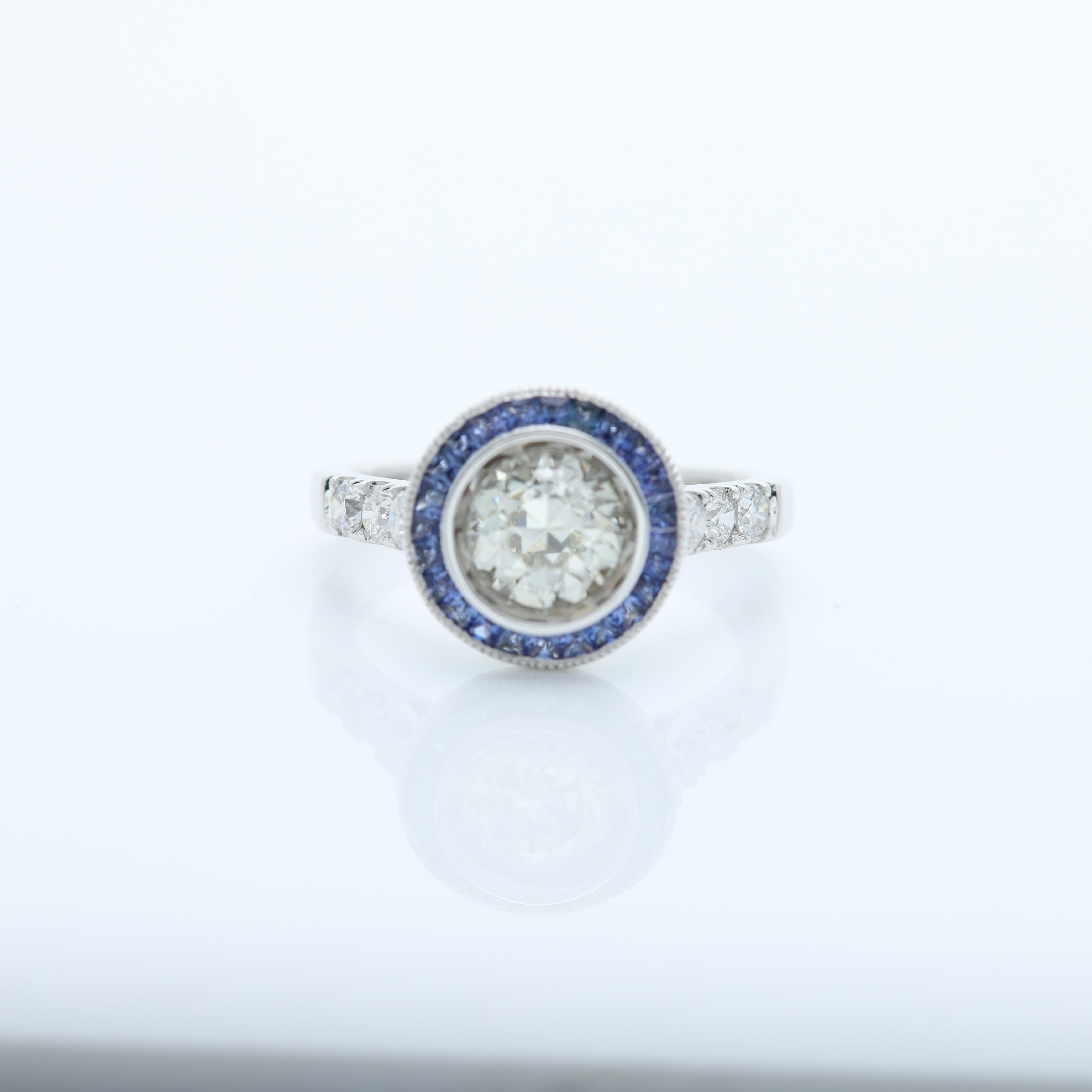 Round Cut Round Diamond 1.25 Carat & Blue Sapphire Ring Art Deco Style 18 Karat White Gold For Sale