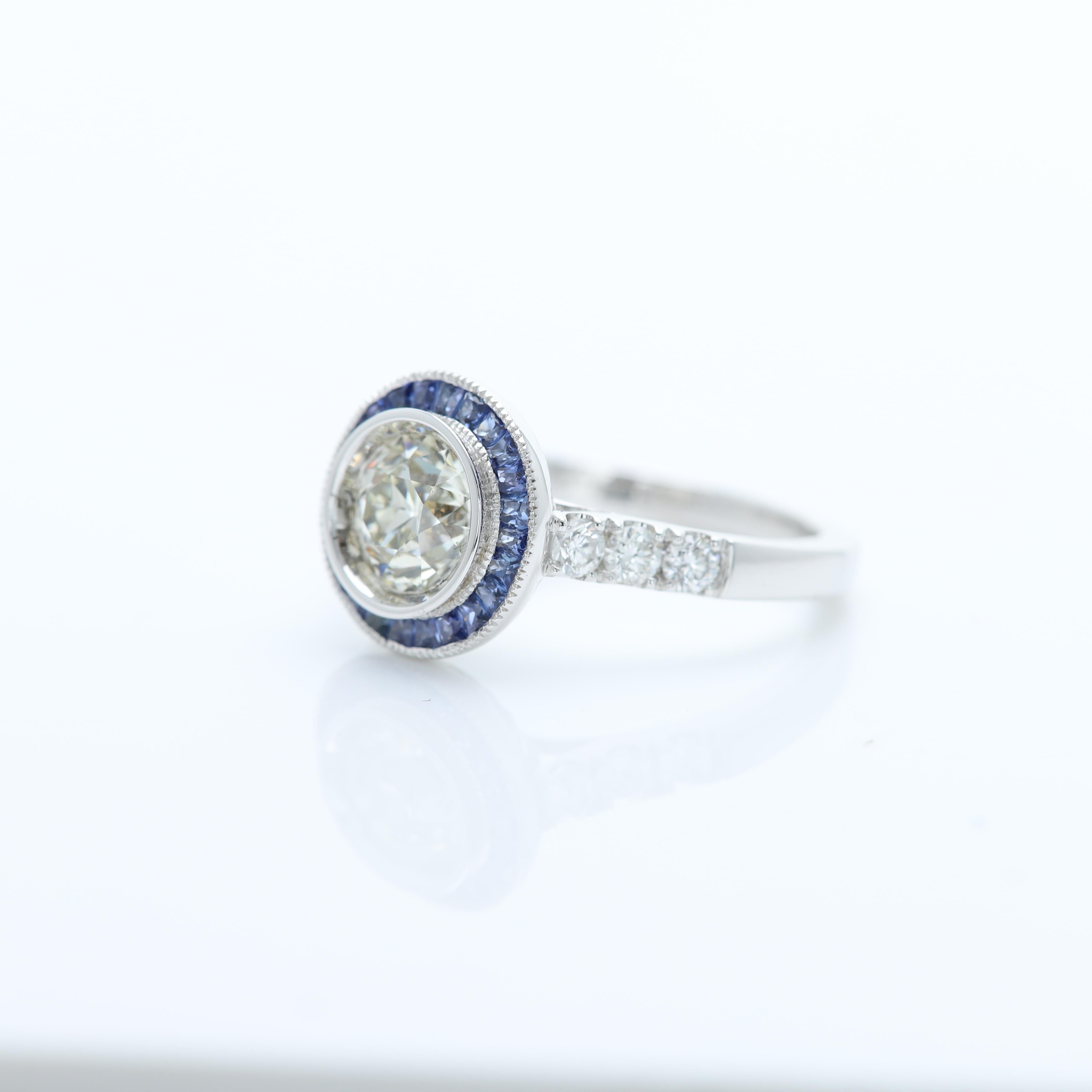 Round Diamond 1.25 Carat & Blue Sapphire Ring Art Deco Style 18 Karat White Gold In New Condition For Sale In Brooklyn, NY