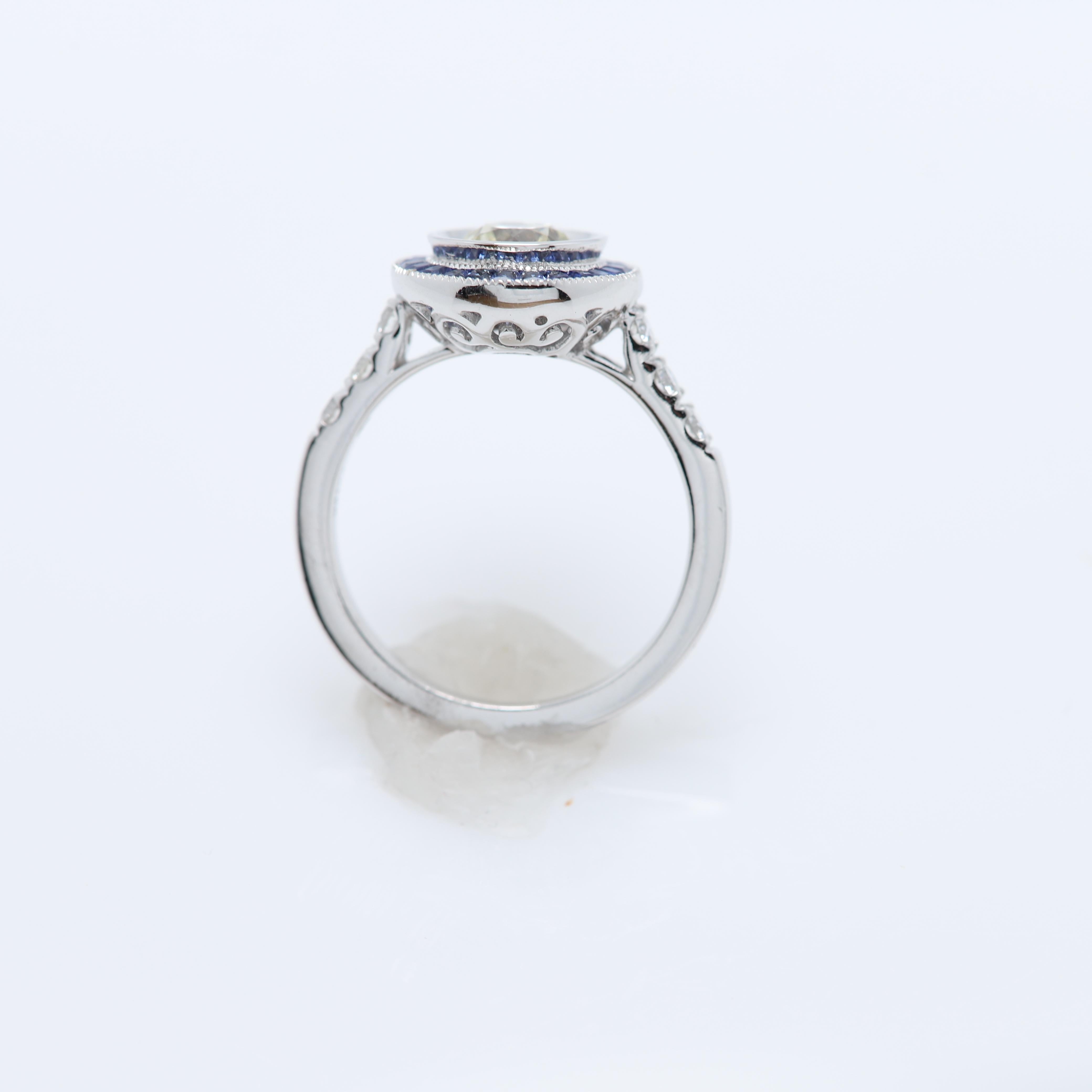Women's Round Diamond 1.25 Carat & Blue Sapphire Ring Art Deco Style 18 Karat White Gold For Sale