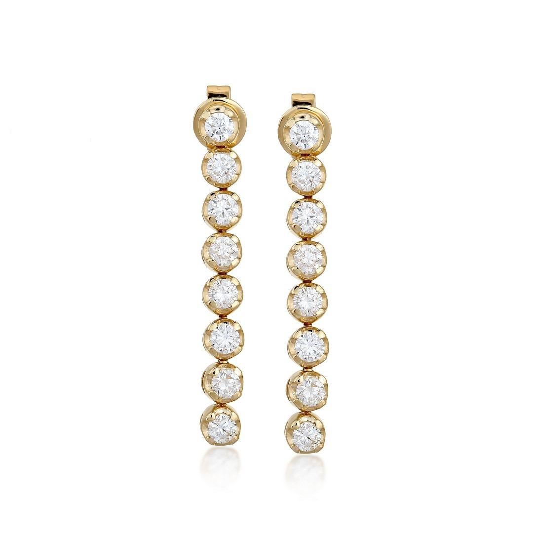Round Cut Round Diamond 14K Yellow Gold Linear Drop Earrings For Sale