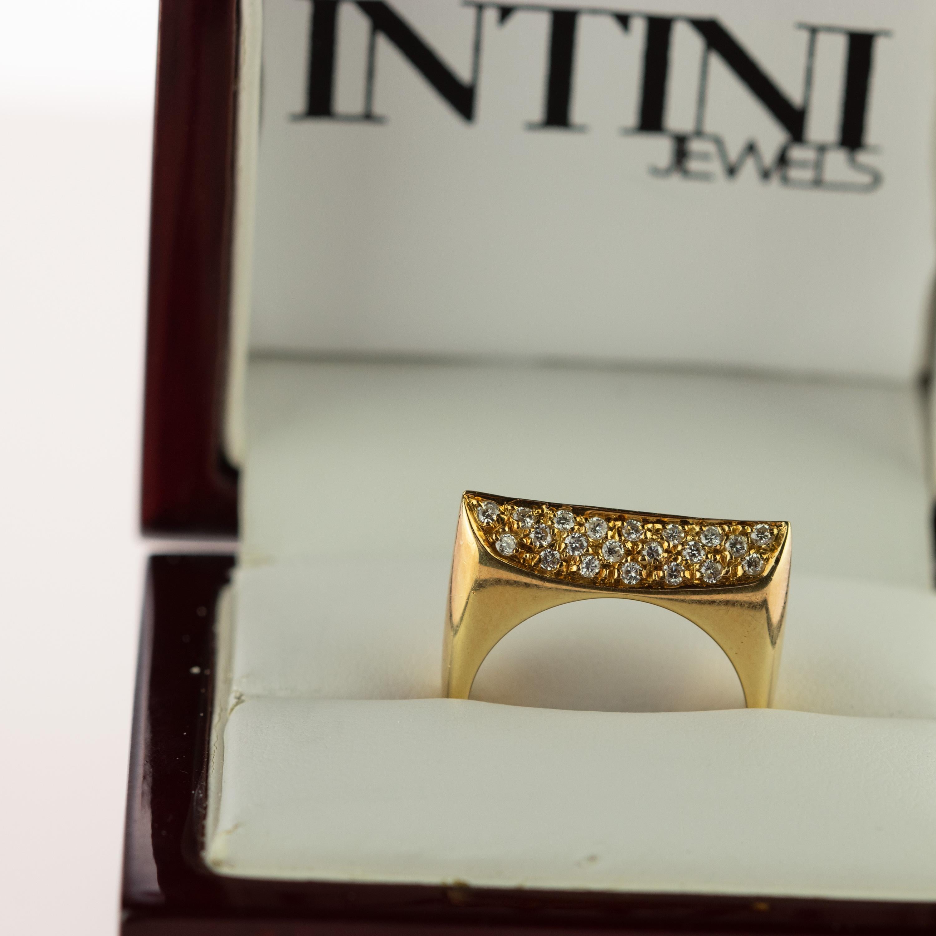 Round Diamond 18 Karat Yellow Gold Semi Square Band Handmade Deco Cocktail Ring For Sale 5