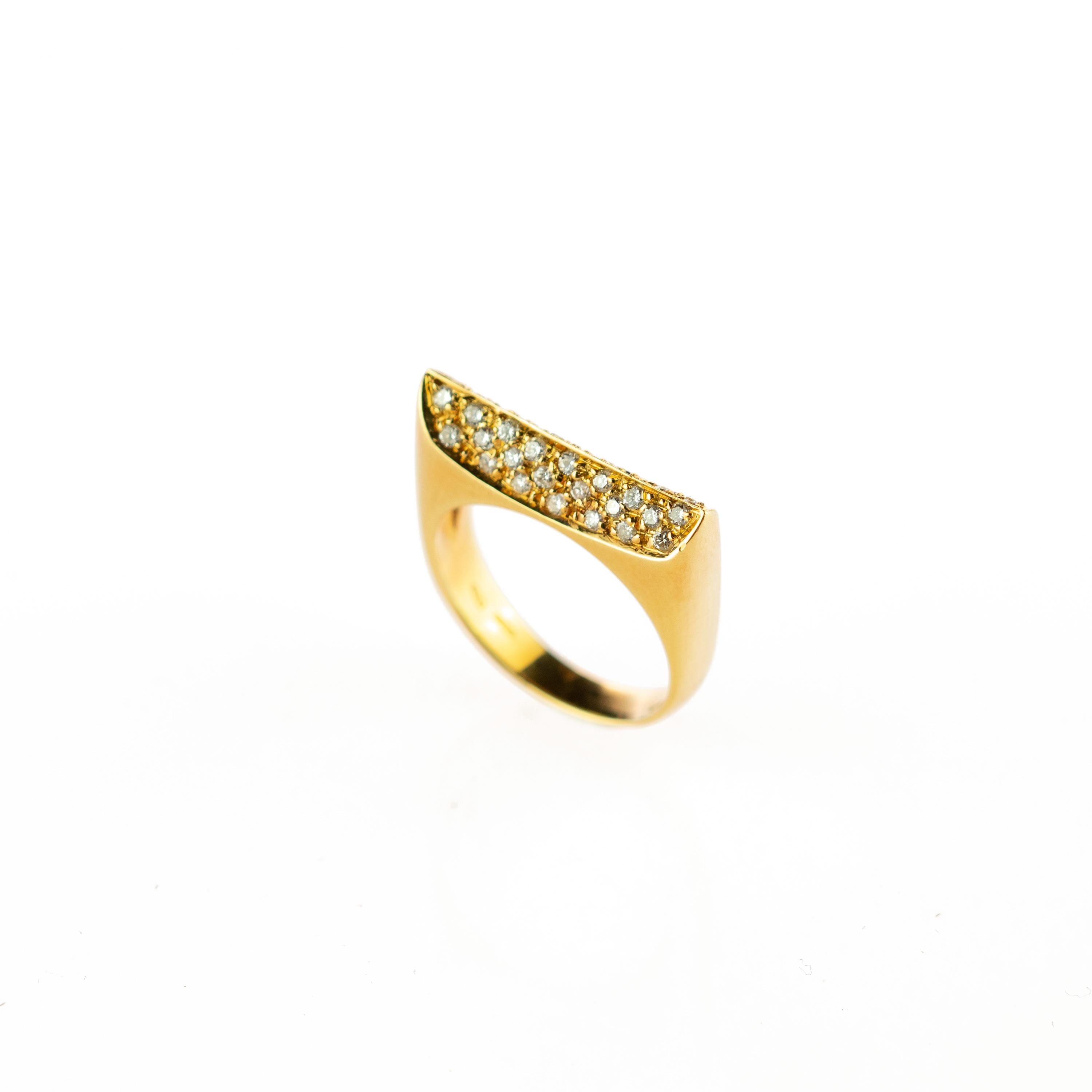 Women's or Men's Round Diamond 18 Karat Yellow Gold Semi Square Band Handmade Deco Cocktail Ring For Sale