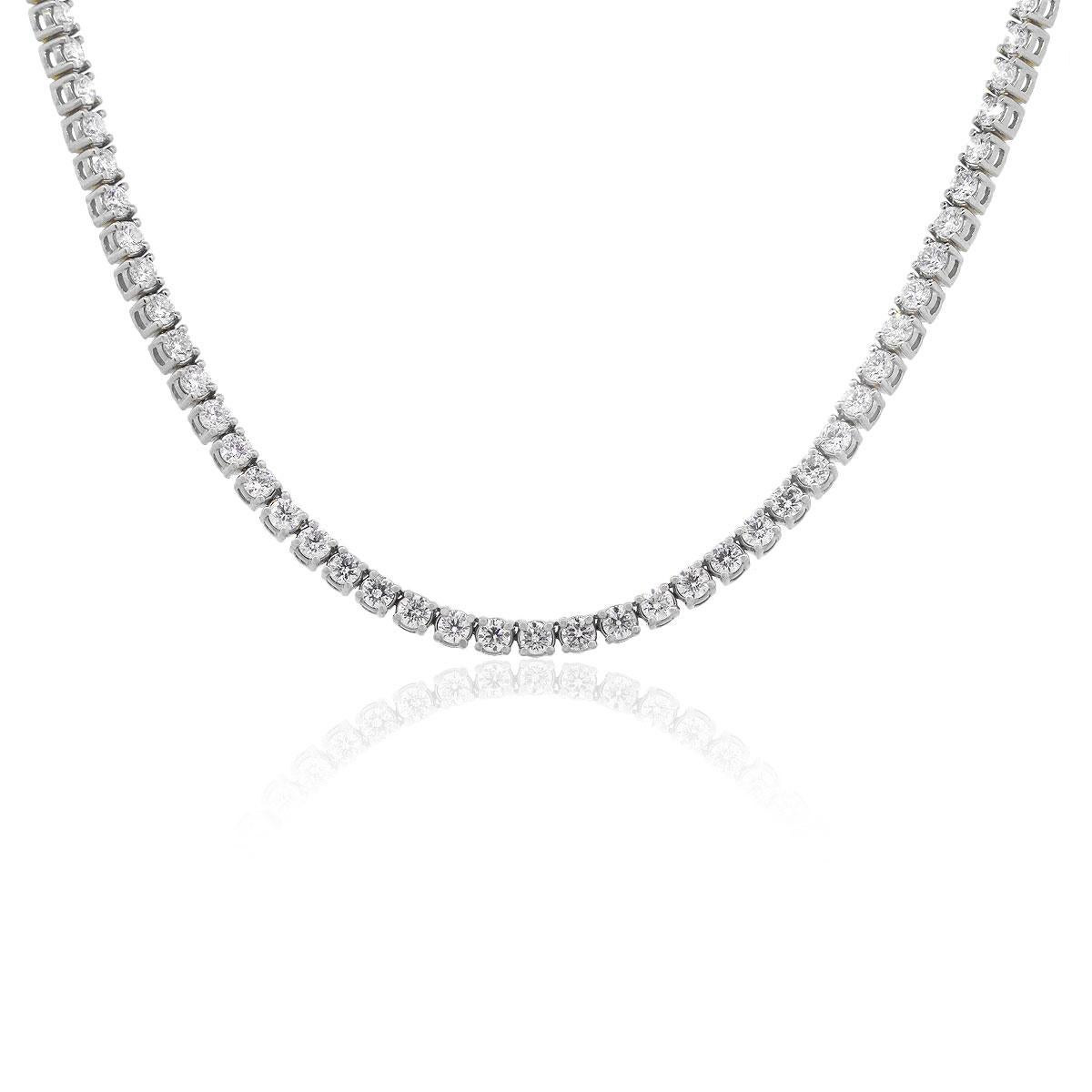 Material: 14k White Gold
Diamond Details: 138 stones, approx. 29.46ctw of round brilliant diamonds. Diamonds are G/H in color and SI in clarity
Measurements: Necklace measures 22″ in length.
Fastening: Tongue in box clasp with safety latch
Item