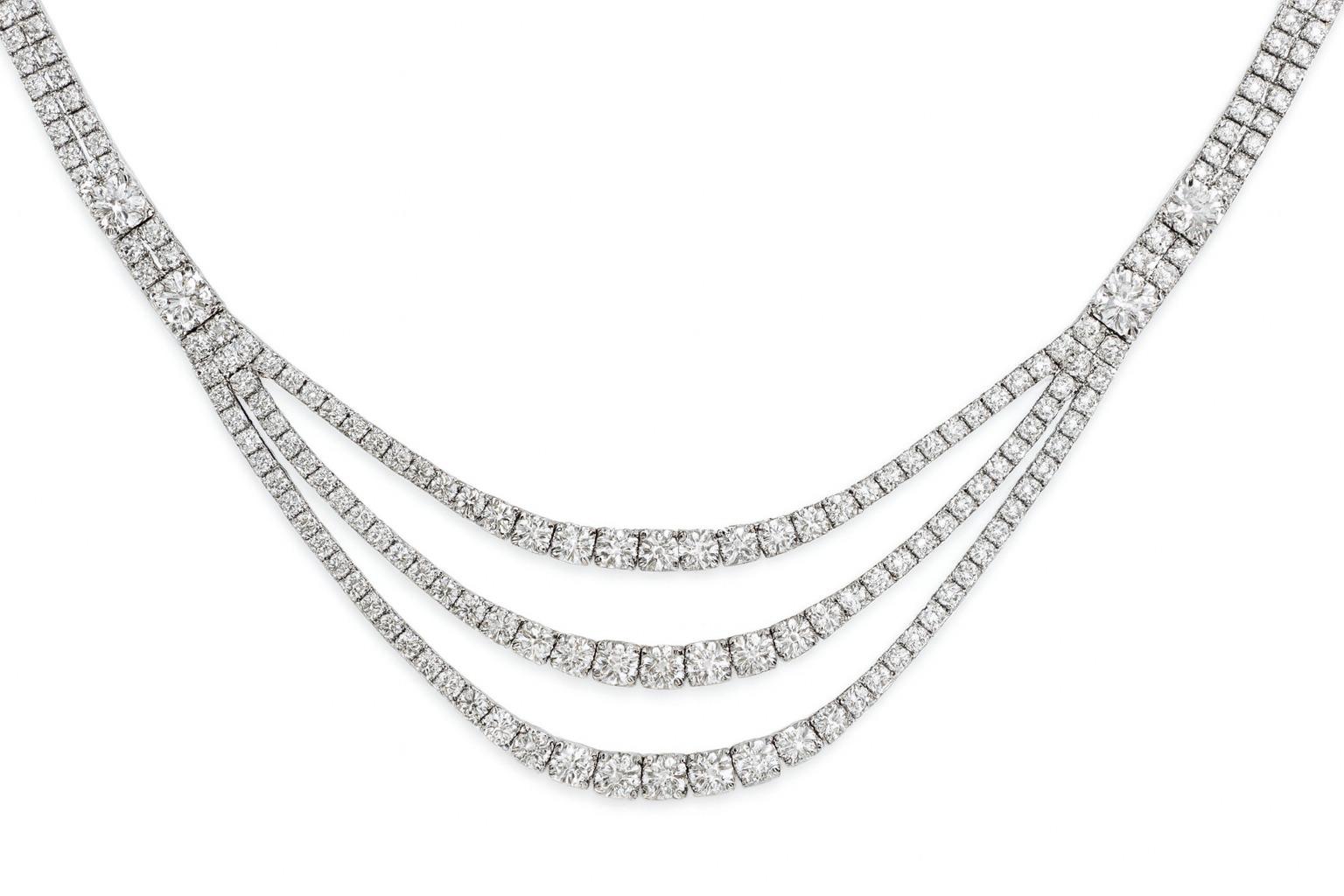 Round Cut Round Diamond 3-Row Cluster Graduated Tennis Necklace For Sale