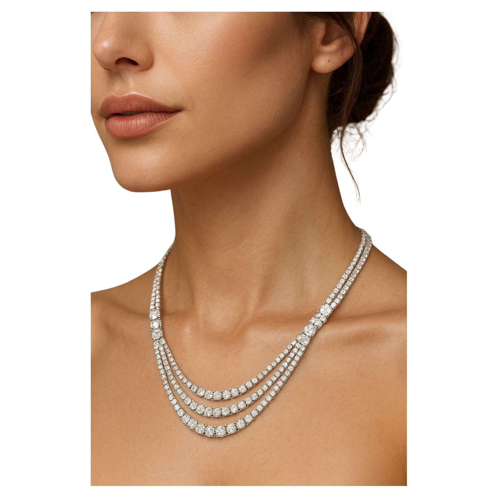 Round Diamond 3-Row Cluster Graduated Tennis Necklace