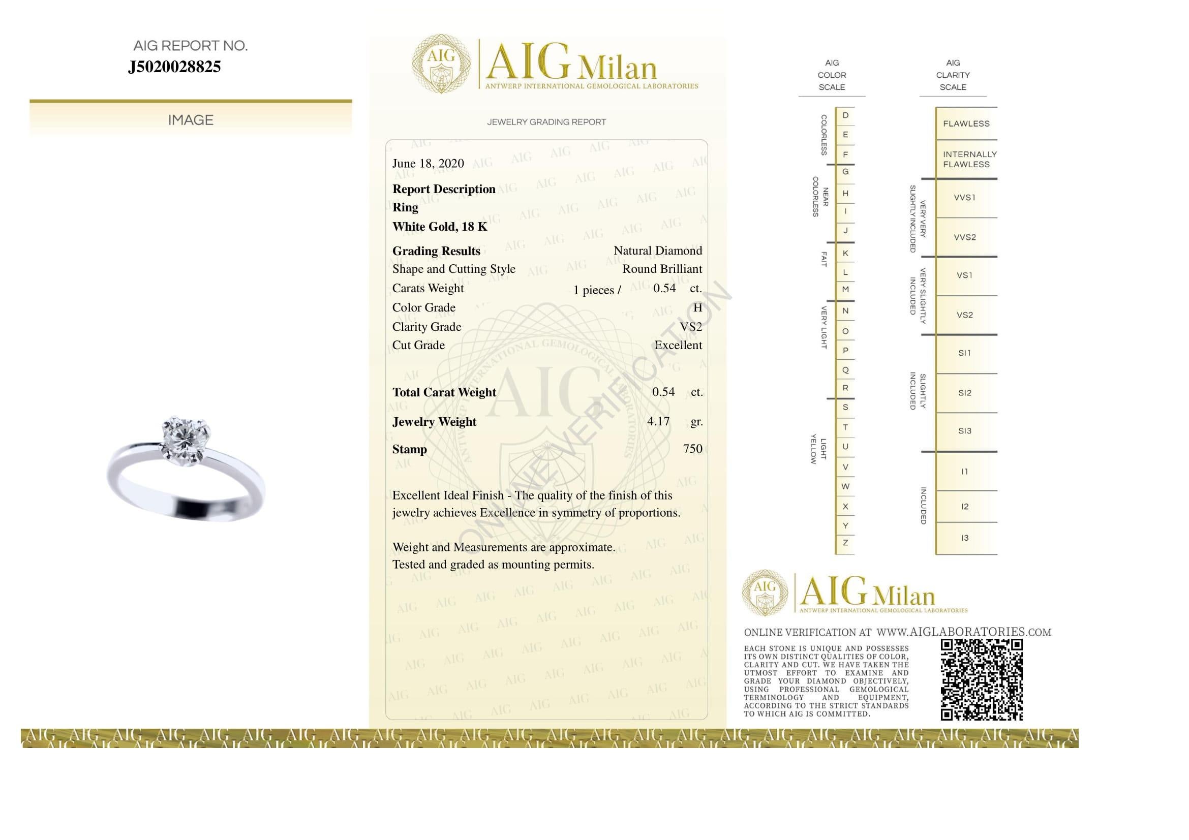 Round brilliant solitaire diamond setted in a 18 karat white gold square shape. With 0.54 carat the jewel is the perfect and stylish accessory to represent a magnificent love. AIG Certified (The Color, The Clarity, The Cut and The Carat weight).
