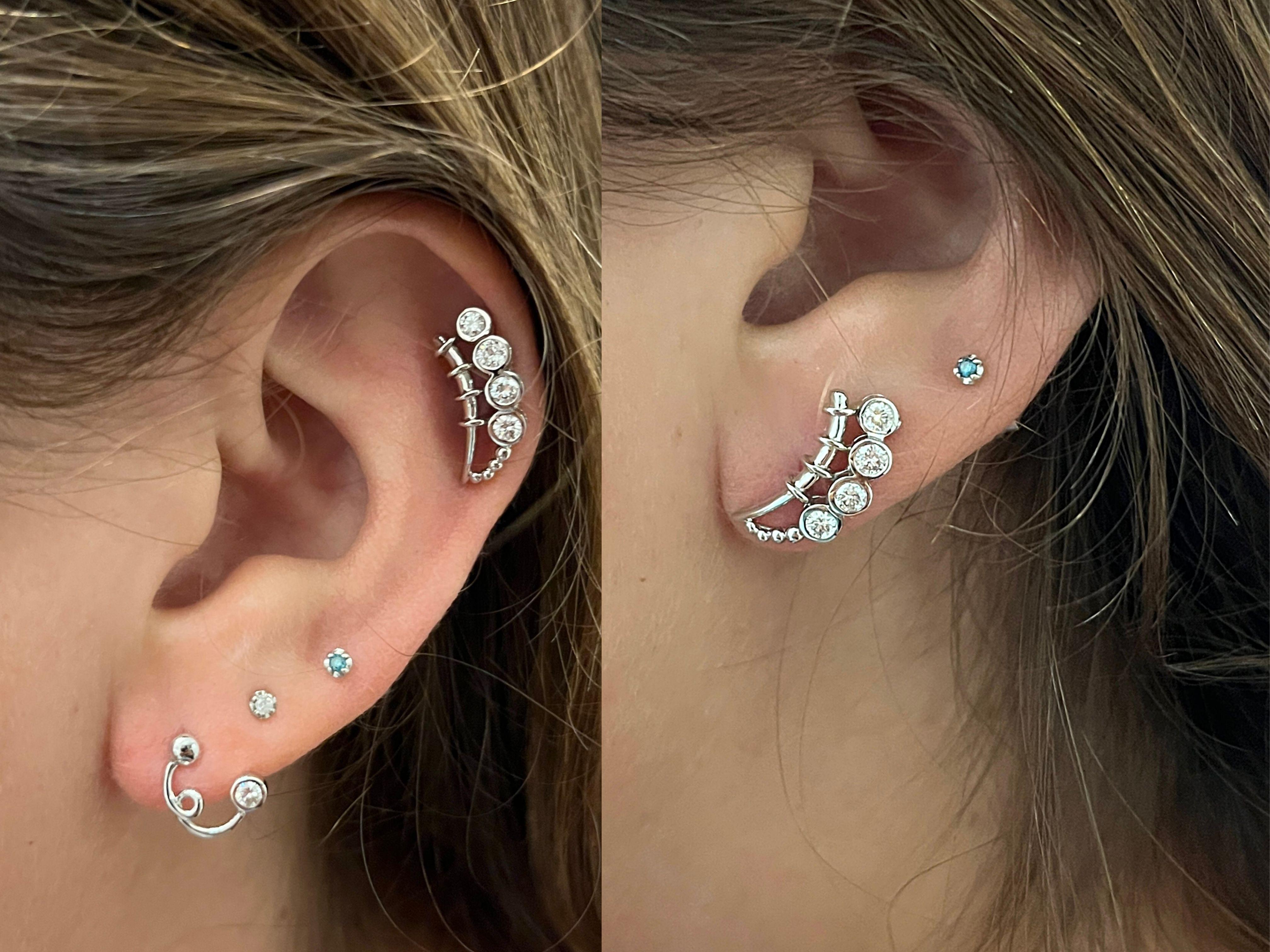 Round Cut Round Diamond and 14K White Gold Ear Climber Earrings For Sale