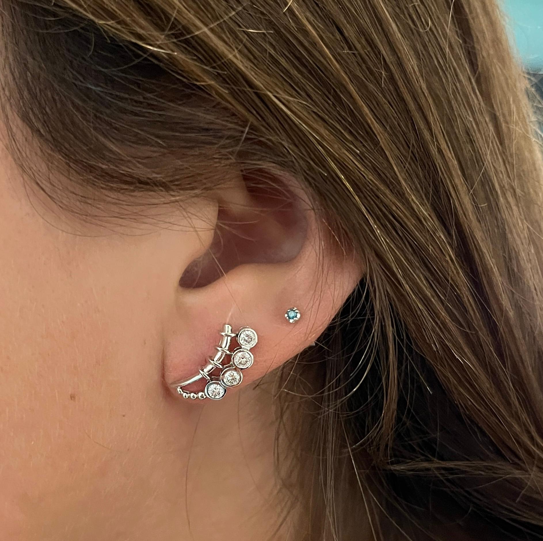 Women's Round Diamond and 14K White Gold Ear Climber Earrings For Sale