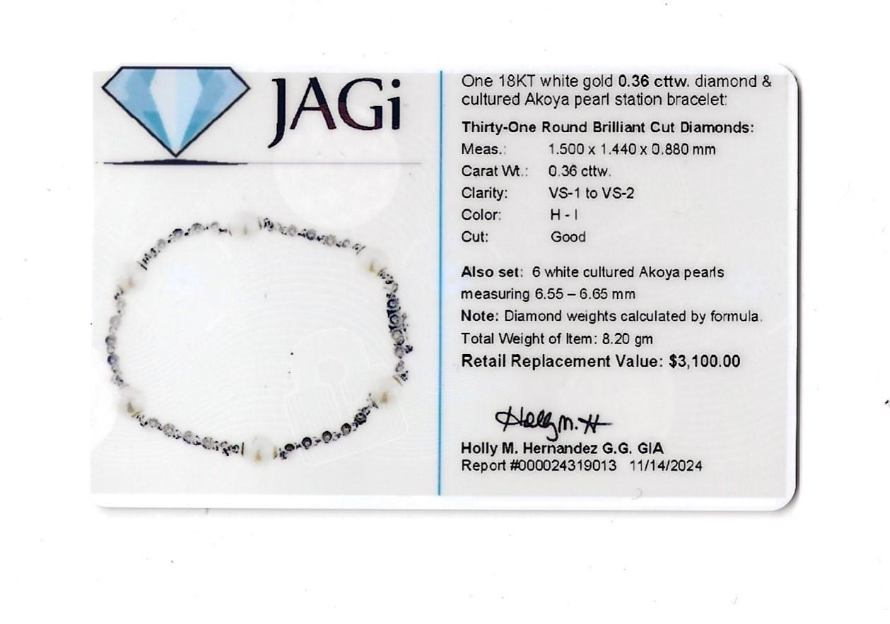 Round Diamond and Akoya Pearl Milgrain Station Bracelet in 18 Karat White Gold For Sale 5