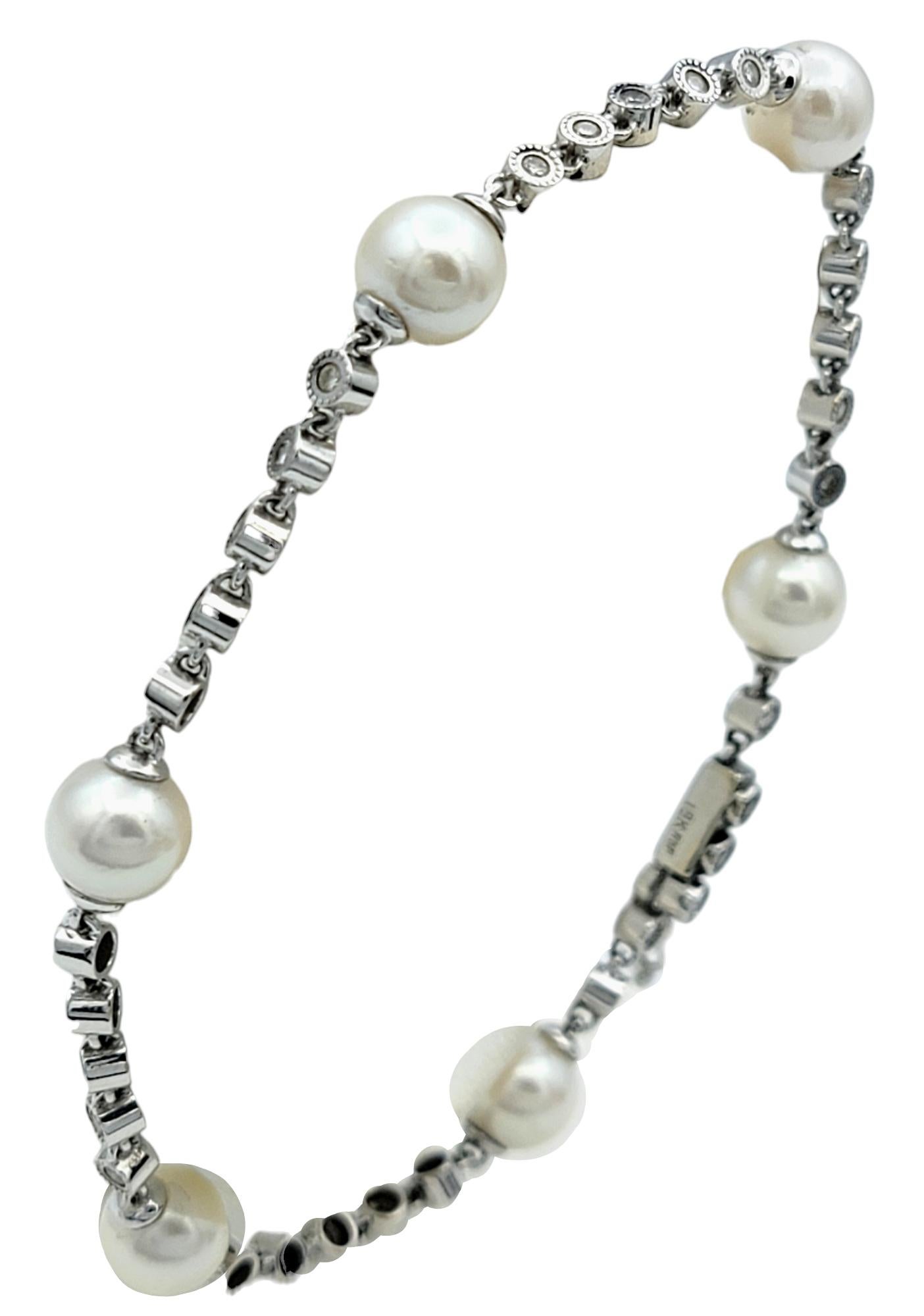 Round Cut Round Diamond and Akoya Pearl Milgrain Station Bracelet in 18 Karat White Gold For Sale