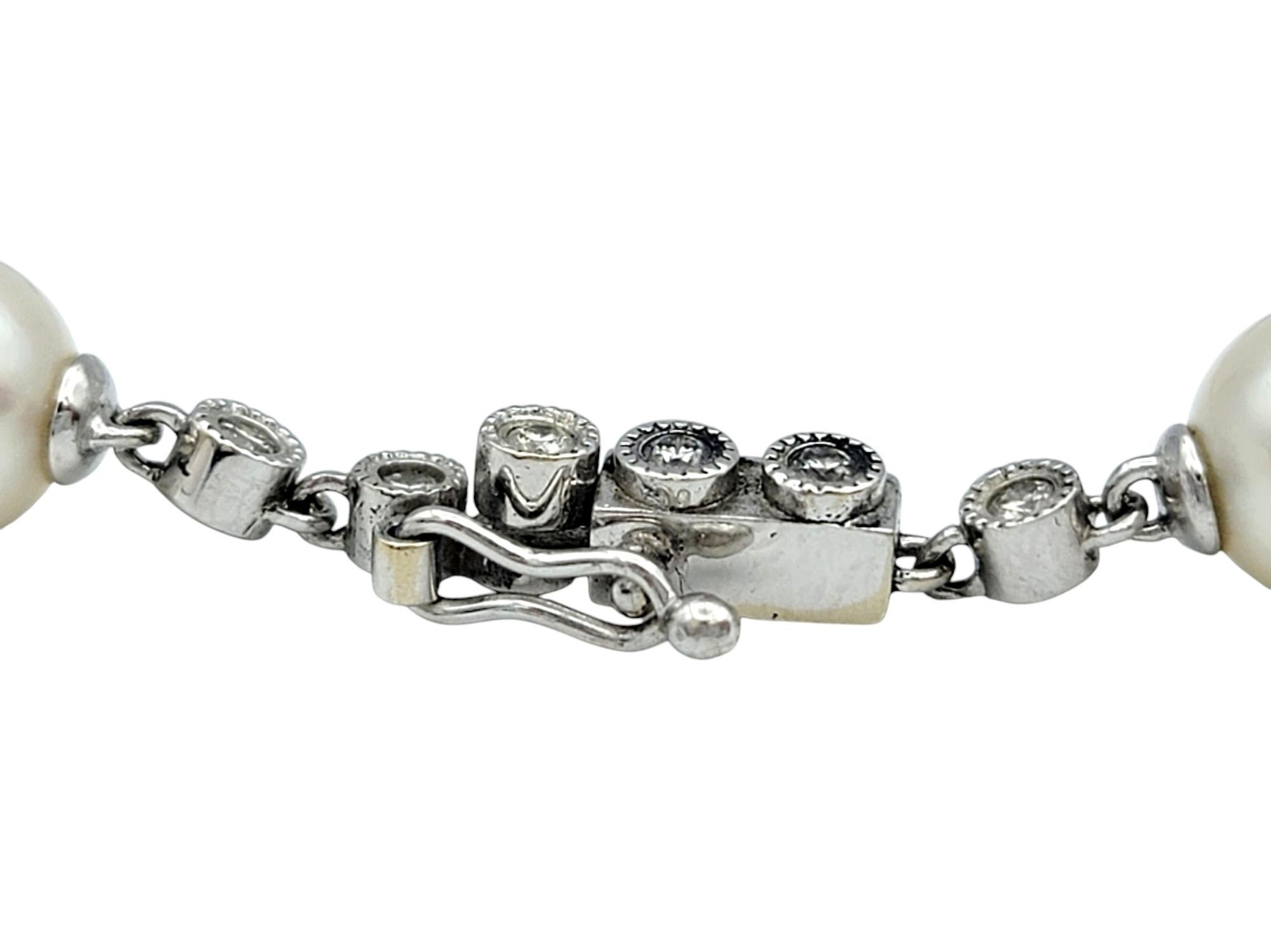 Women's Round Diamond and Akoya Pearl Milgrain Station Bracelet in 18 Karat White Gold For Sale