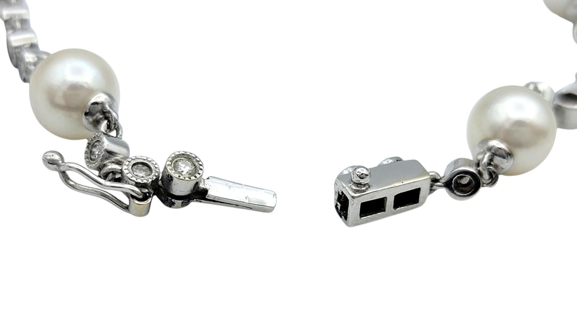 Round Diamond and Akoya Pearl Milgrain Station Bracelet in 18 Karat White Gold For Sale 1