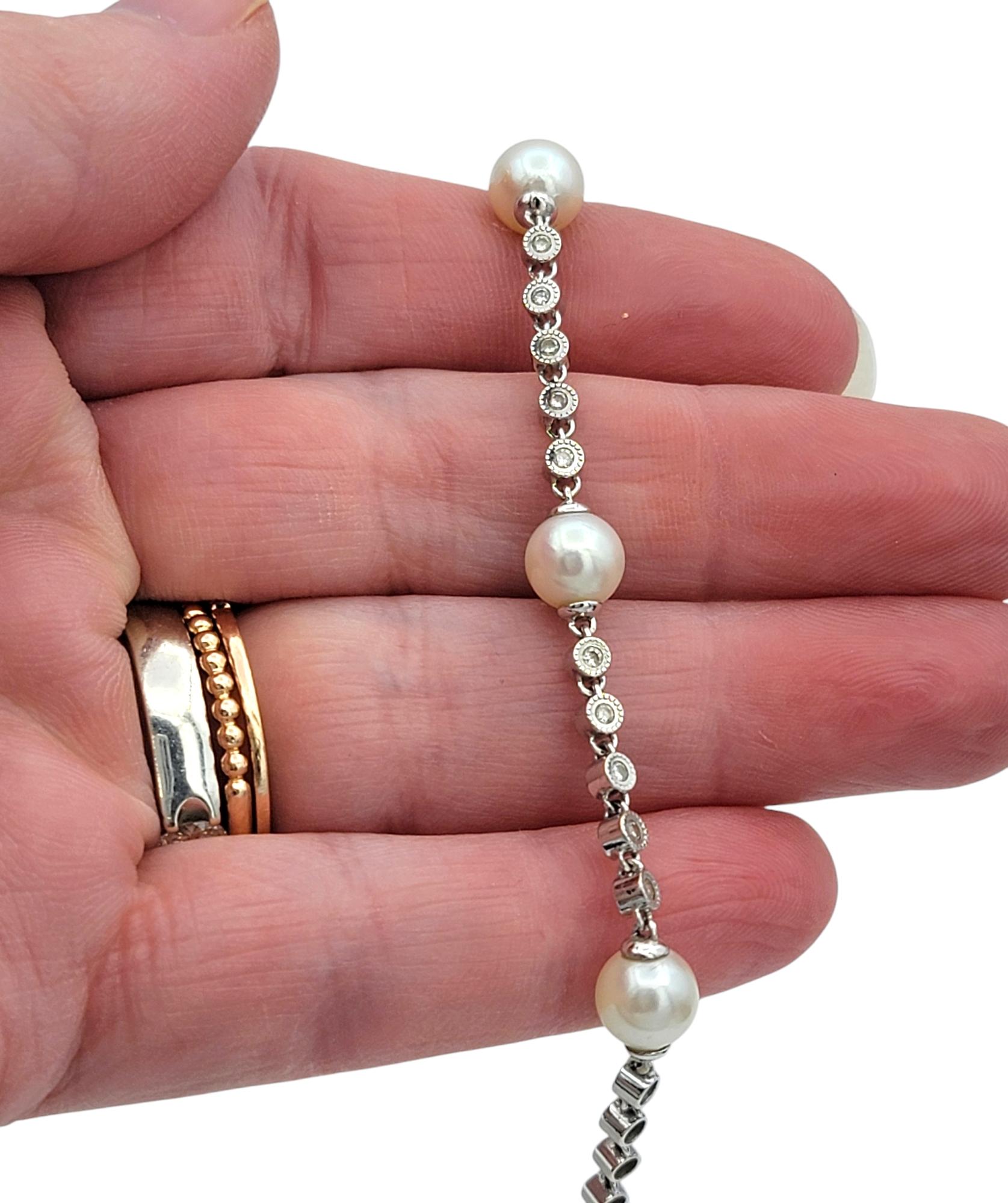 Round Diamond and Akoya Pearl Milgrain Station Bracelet in 18 Karat White Gold For Sale 3