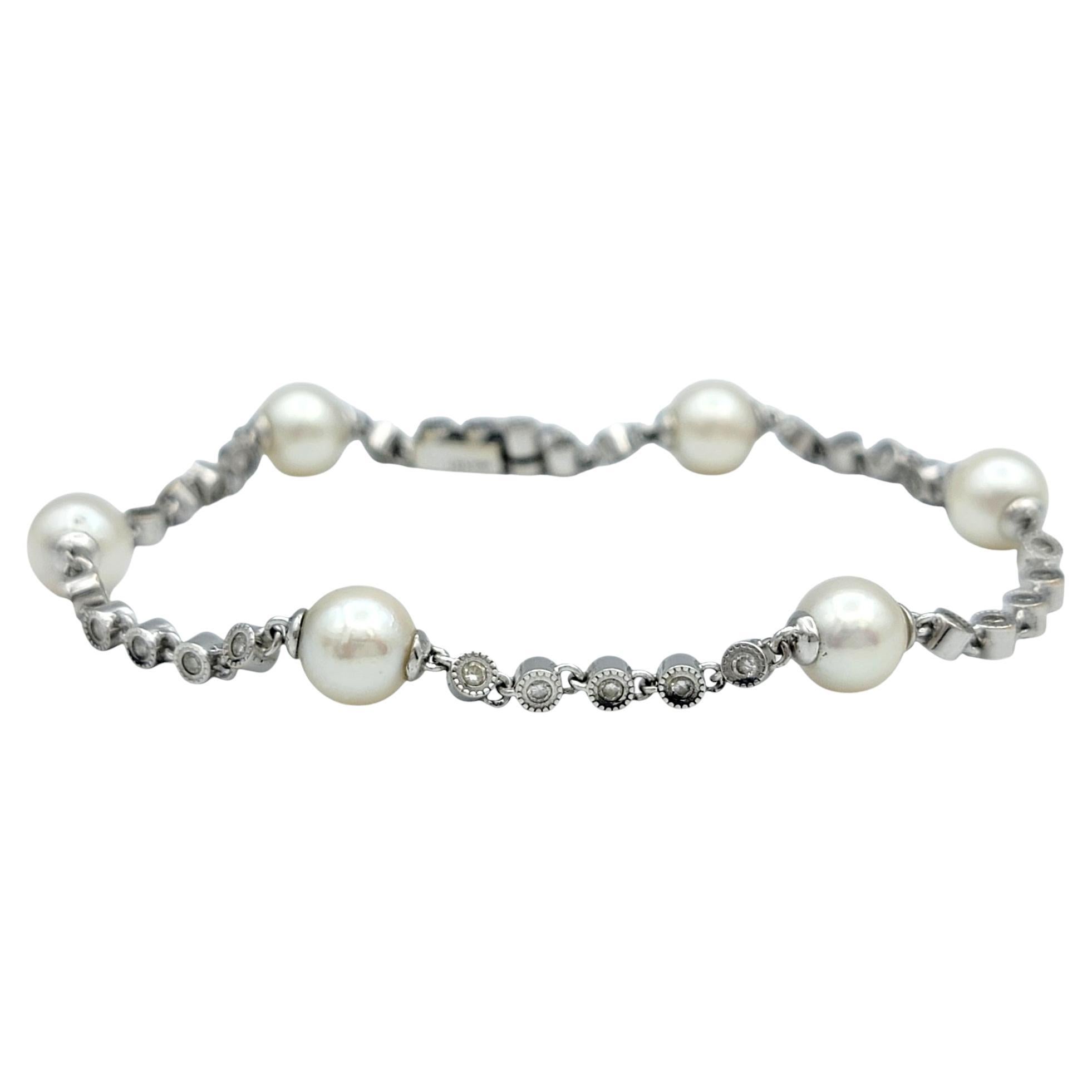 Round Diamond and Akoya Pearl Milgrain Station Bracelet in 18 Karat White Gold