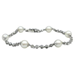 Round Diamond and Akoya Pearl Milgrain Station Bracelet in 18 Karat White Gold